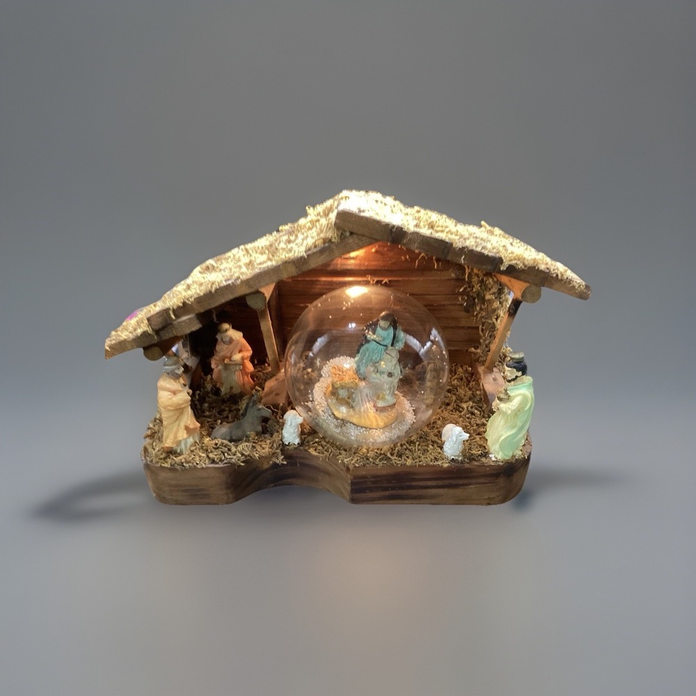 Vtg Nativity Scene with Glass Globe & Music Box Plays Silent Night Lights up